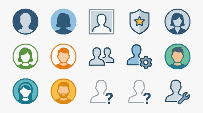 Creative Set of 15 Colorful and Symbolic Flat Design Icons Featuring Various User Profiles Shields and Question Marks