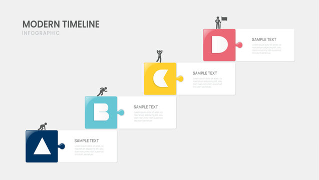 Business success staircase infographic presentation with icons and 4 steps, jigsaw label timeline roadmap template for process, strategy, goal and corporate growth design.
