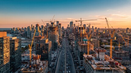 Obraz premium City skyline construction with cranes and skyscrapers over highway traffic at sunset for urban development and infrastructure marketing