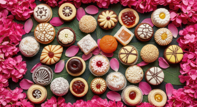 Top view of many different round cookies and biscuits arranged on a dark surface surrounded by bright pink flower petals