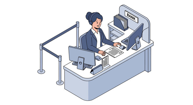 A bank teller in a suit works at a counter with computers and a queue barrier, illustrating financial services.