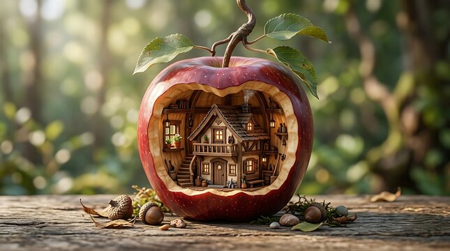 Cozy miniature house carved inside a ripe red apple