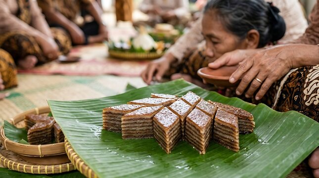 Traditional indonesian layered cake served on a green banana leaf