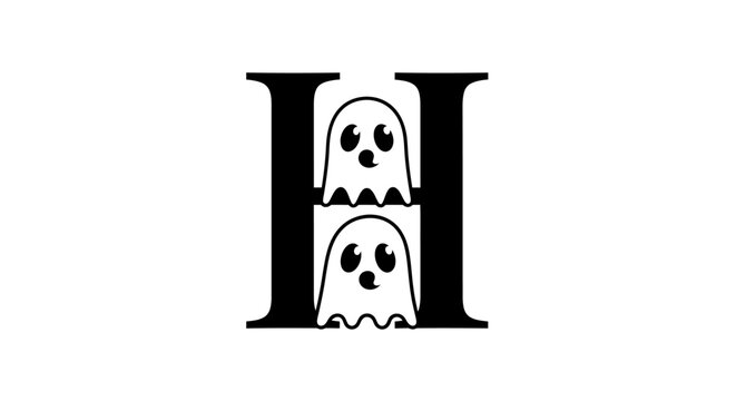 Letter H featuring two ghost cartoon characters stacked, with playful facial expressions