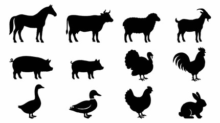 Black Silhouette Collection of Farm Animals and Poultry. © Siswa