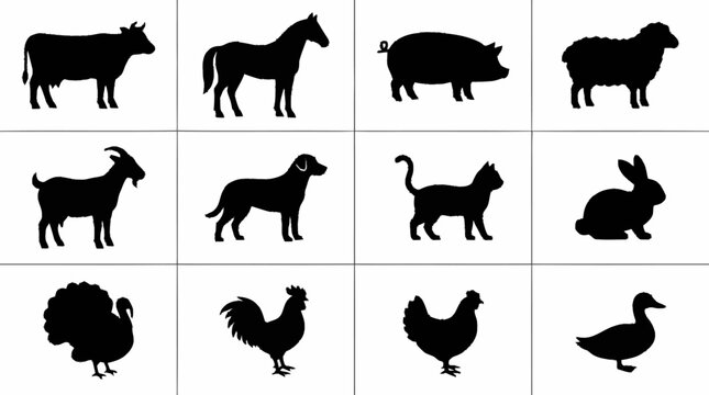 Black Silhouette Collection of Farm and Domestic Animals.