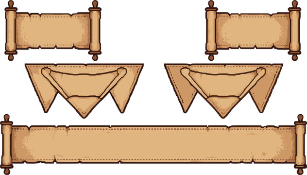 Medieval parchment paper scroll banners and ancient leather flag pennants vector collection for vintage fantasy video game user interfaces.