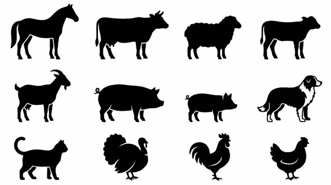 Black silhouette collection of farm animals and birds.