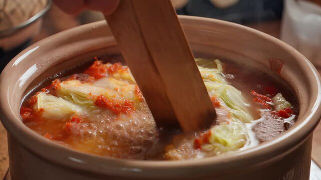 Delicious Asian soup with cabbage, tofu, and chili oil in a clay pot, close-up shot of traditional hot pot with wooden spoon, symbolizing comfort food and culinary tradition