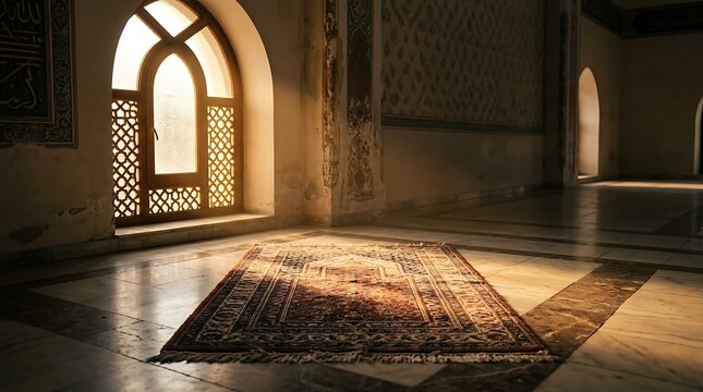 Sunlight illuminates a prayer rug inside a serene mosque interior