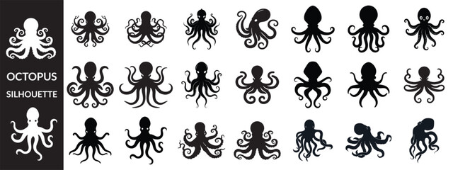   Black silhouette of octopus illustrations in black silhouette vector style, © Designby