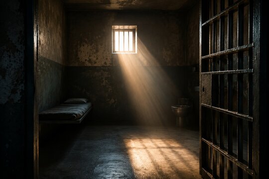Empty prison cell with door open, a beam of sunlight illuminating the dark interior.