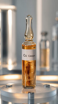 Cesium sample is displayed in a laboratory with glass vials in the background showcasing various elements and compounds