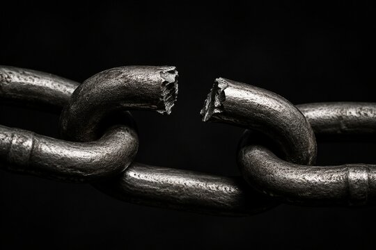 A close-up of a single broken metal chain link.