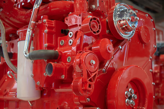 Close-up of natural gas engine designed for European buses and trucks. For heavy-duty use.