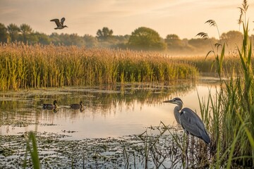 Waterbirds inhabit a serene reed marsh ecosystem under soft morning light. © Sylvia