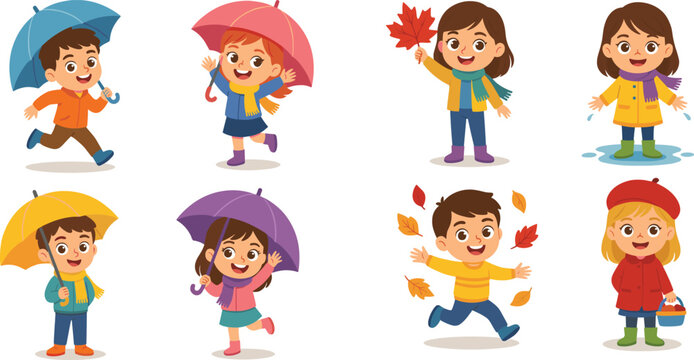 Cartoon vector set of children enjoying autumn weather with umbrella, falling leaves, rain boots and windy fall season fun