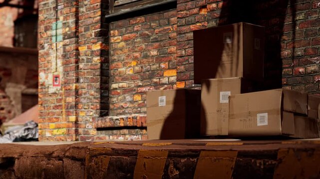 Several cardboard boxes are placed against a red brick wall. The setting looks like a loading area in an industrial space. Light casts shadows on the ground.