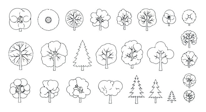 Minimalist tree line icons set, architectural landscape plan symbols, 25 black and white vector nature elements for site mapping isolated PNG with Transparent Background