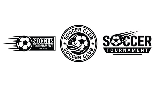 Vector illustration of soccer tournament logos and club emblems with dynamic motion effects