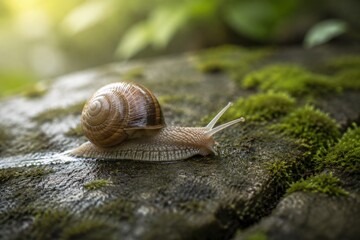 Snail crawling on damp mossy stone with silver slime trail. © Sylvia