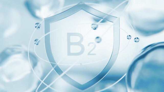 Riboflavin Vitamin B2 blue shield symbol in 3D animation. Cellular energy metabolic molecular structure background with transparent liquid cells for science or biochemistry video