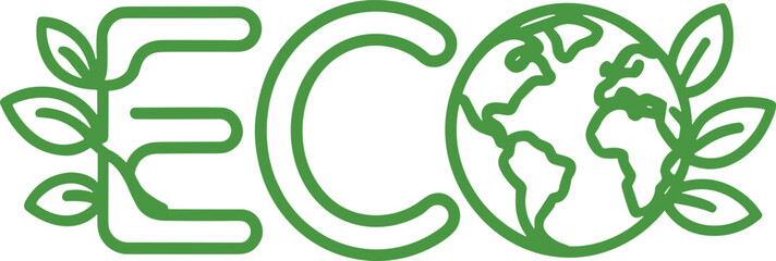 Eco friendly typography vector logo design with green planet earth globe icon and fresh leaves line art text symbol © Yesrath Hasan Sobuj