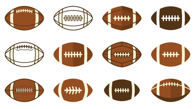 Vector illustration of American football balls set in various flat styles