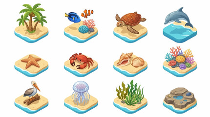 Colorful cartoon sea creatures on small islands. © Roda