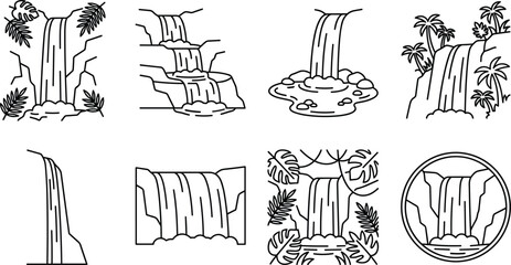 Hand Drawn Waterfall Landscape Collection with Tropical Nature Cascades Rocks and Jungle Scenery Vector Illustrations © MdShakib