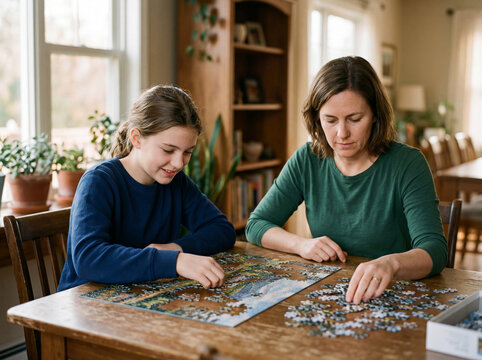 Mother and daughter spending quality time together while solving a jigsaw puzzle at home