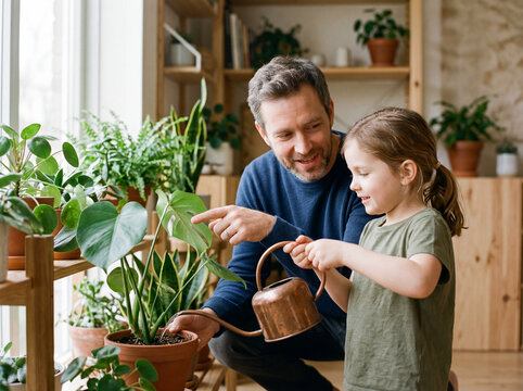 Father teaching his young daughter how to care for houseplants by watering indoor plants together at home and encouraging a love of nature