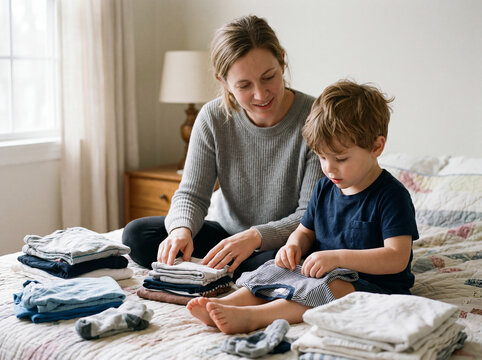 Mother teaching her young son how to fold clean laundry together on a bed at home, encouraging independence and everyday life skills