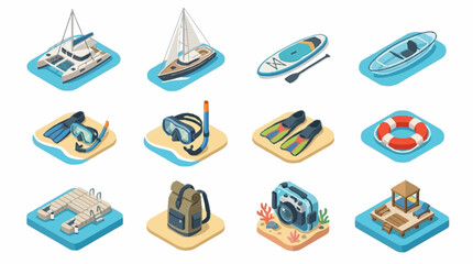 Colorful Isometric Vector Icons of Boats and Water Sports Gear. © Roda