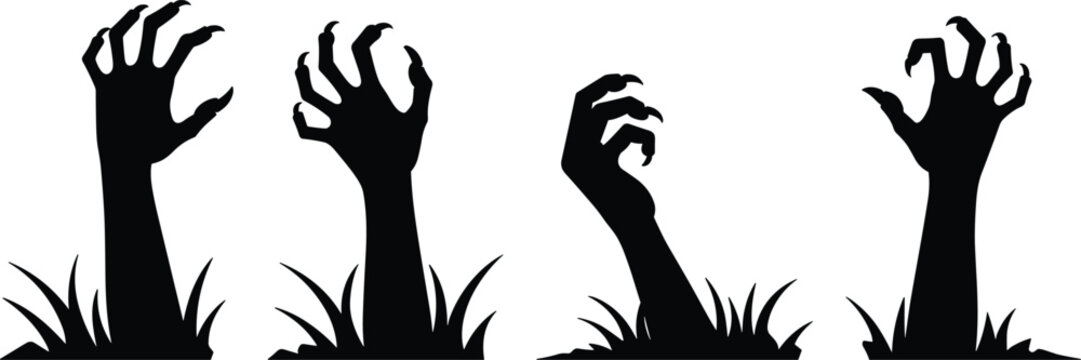 Four black silhouettes of zombie hands reaching up from the ground with grass isolated on a white background, for halloween