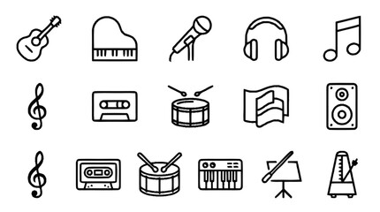Music icons including guitar, piano, microphone, headphones, and musical instruments are displayed. © watu