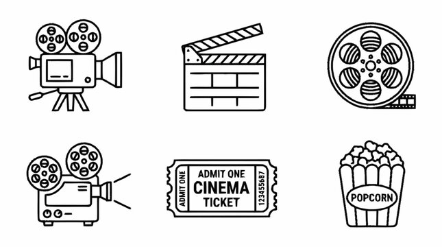Movie cinema camera film clapperboard ticket popcorn icons