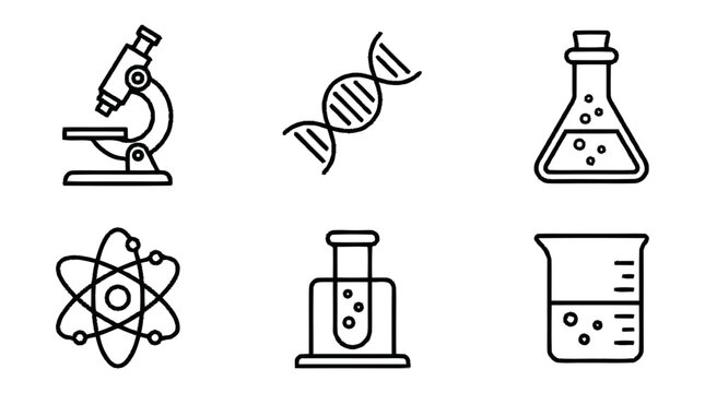 The illustration depicts various science equipment including a microscope, DNA, beaker, atom, test tube, and a measuring cup.