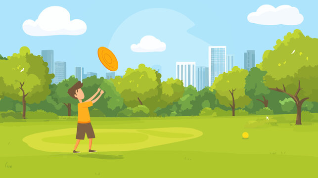 Child playing frisbee in lush park with city skyline background