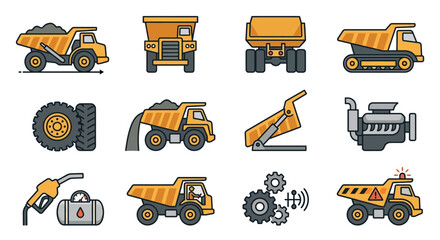 Professional Set of Construction and Mining Equipment Icons in Bright Orange and Gray with high quality professional line art symbols for modern creative design and digital branding projects © Maput
