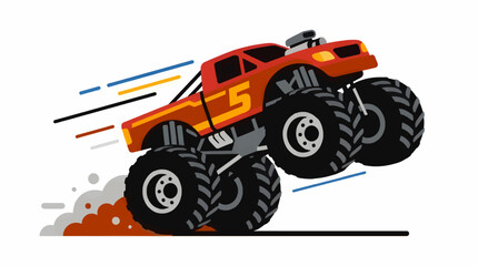 Flat Vector Illustration of a Red Monster Truck Performing a Jump, Showing Large Tires and Speed Lines, Dynamic Action Scene with Dust Cloud © Ahyan