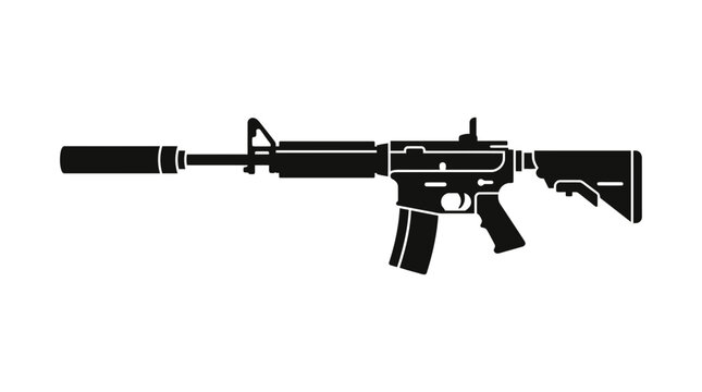 Assault Rifle Silhouette with Suppressor - Black and White Icon