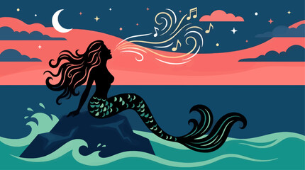 Flat Vector Illustration of a Black Mermaid Silhouette Singing on a Rock, Surrounded by Waves and a Coral Sky with Moon and Stars, Musical Notes Emanating from Her Mouth © Ahyan
