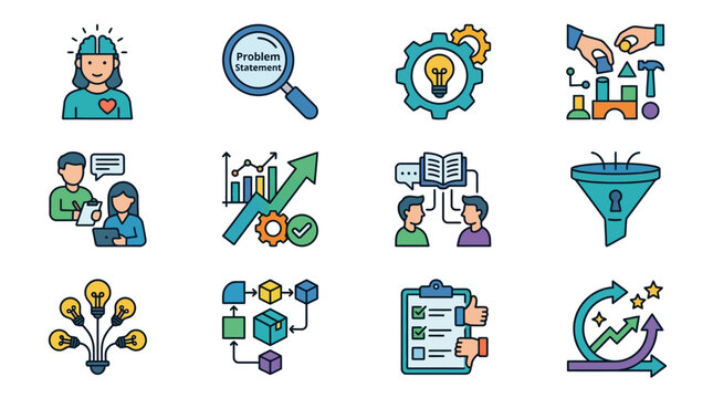 Industrial Showing Step by Step Problem Solving and Brainstorming Process with Colorful Icons and Symbols