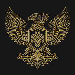 Fototapeta premium Golden heraldic eagle crest on black background.