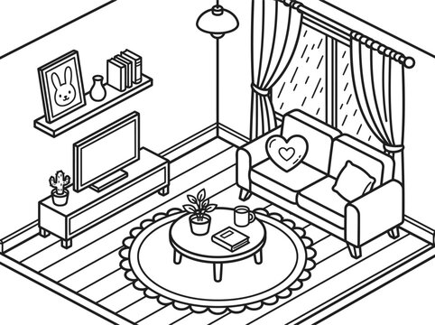 Cozy Living Room Isometric Line Art Illustration for Adult Coloring Book or Home Interior Design Concept Background