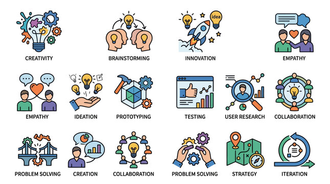 Clean Illustrated Guide to Key Design Thinking and Innovation Process Concepts with Bright Icons