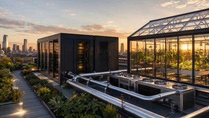 Fototapeta premium Rooftop greenhouse and equipment in city at sunset with skyline views and plants growing in clear structure