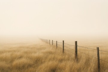 Obraz premium Long wooden fence stretching infinitely into the thick warm morning mist