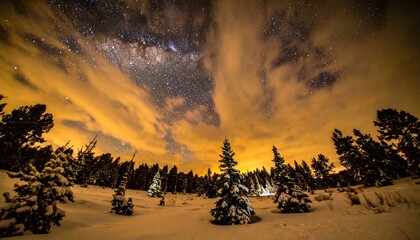 Obraz premium Winter landscape with snow-covered trees, illuminated clouds, and a brilliant starry sky
